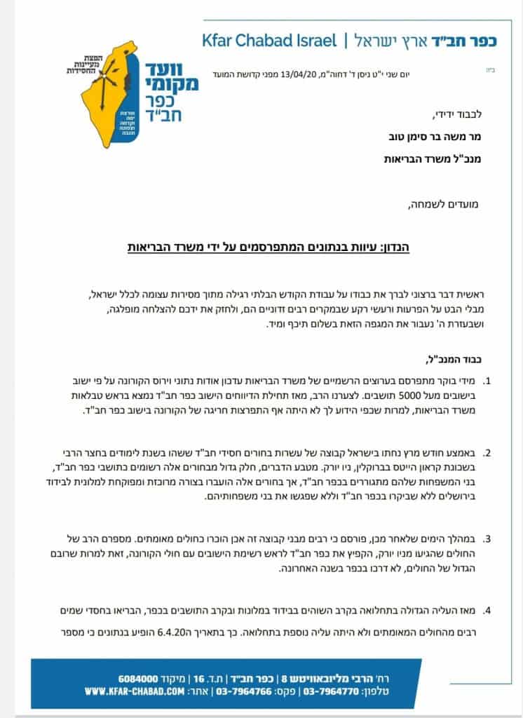 וועד כפר חב"ד במכתב למנכ"ל משרד הבריאות; 'שנה את התדמית על כפר חב"ד'