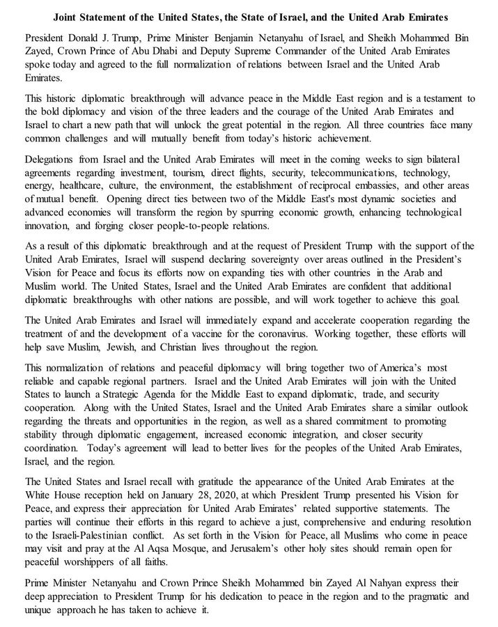 "הסכם אברהם" טראמפ מתייחס להסכם ההיסטורי - פרטים חדשים