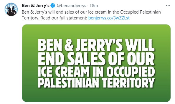 בן אנד ג'ריס: מפסיקים למכור גלידות בהתנחלויות