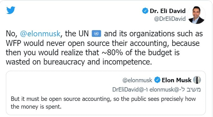 האו"ם קרא למאסק לתרום 2% מהונו למען הרעבים, מאסק הגיב ורמז לשחיתות