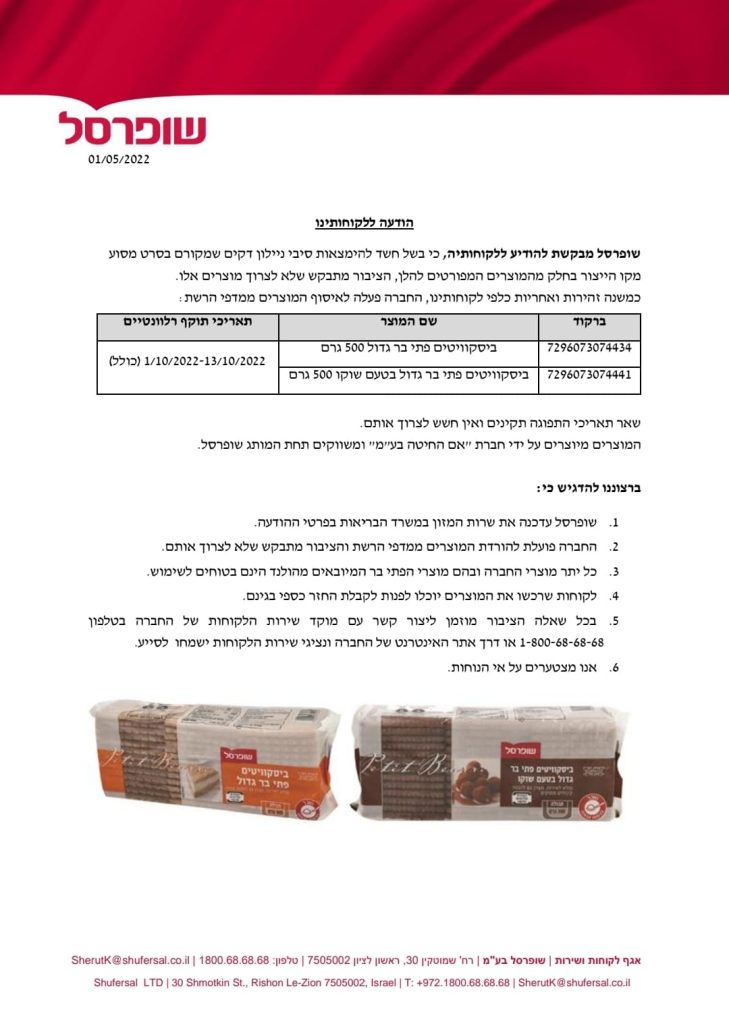 ריקול למוצרי 'פתי בר' תחת המותג 'שופרסל'
