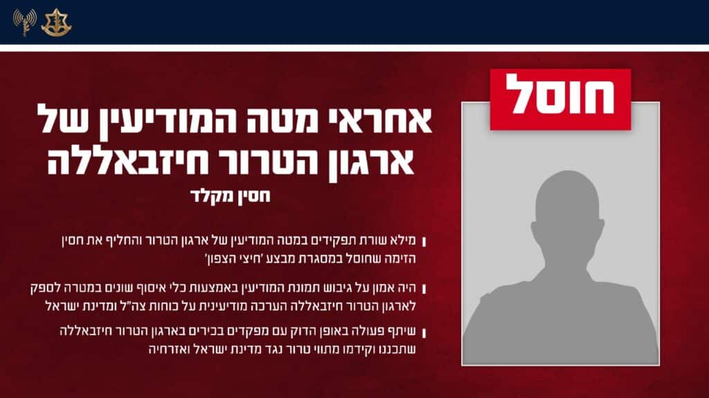 ראש מטה המודיעין של חיזבאללה חוסל בתקיפת חיל האוויר