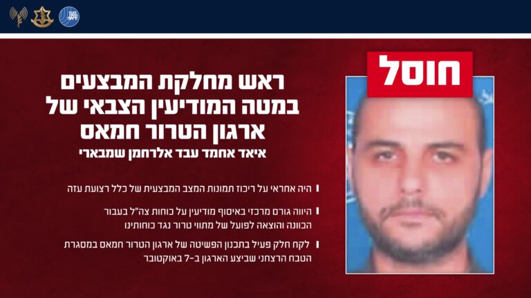 חוסל ראש מחלקת המבצעים במודיעין של חמאס