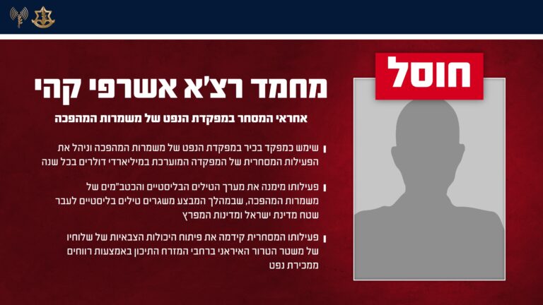 חוסל מפקד מפקדת הנפט שמימן את הטילים והכטב"מים