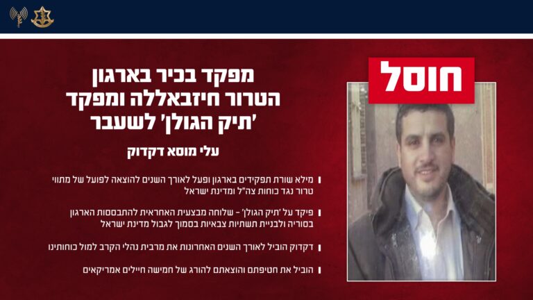דובר צה"ל מאשר: חוסל מפקד 'תיק הגולן' של חיזבאללה