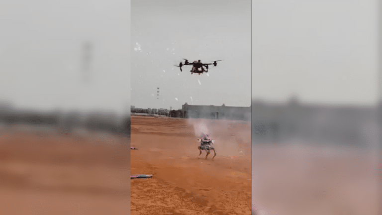 תיעוד מדהים: רחפן וכלב רובוטי בעימות יוצא דופן