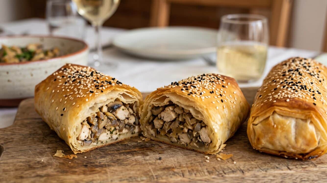 רול חזה עוף, פטריות ובצל עטוף בבצק פילו פריך ועסיסי