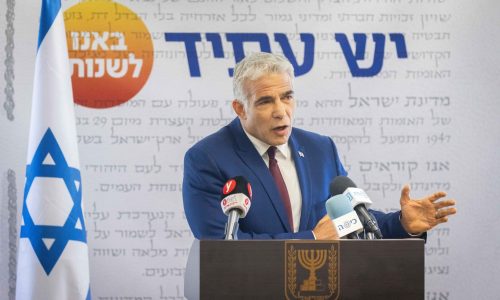 Head of the Yesh Atid party Yair Lapid speaks during a faction meeting at the Knesset, the Israeli parliament in Jerusalem, on June 7, 2021. Photo by Yonatan Sindel/Flash90 *** Local Caption *** יאיר לפיד
יש עתיד
סיעה
כנסת