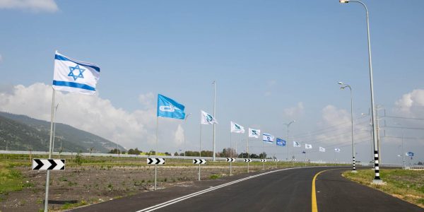 a road with flags on it