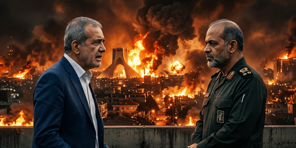 פזשכיאן ווהידי על רקע איראן בלהבות | עיבוד: AI