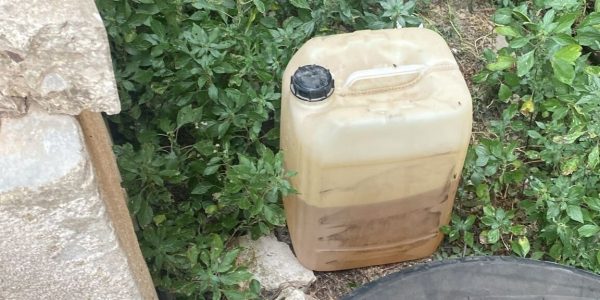 a plastic jug with brown liquid in the grass