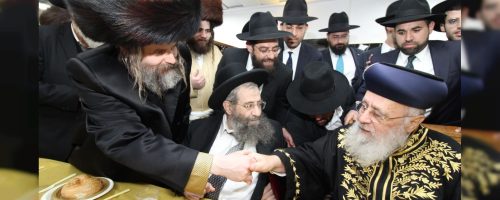 לחיצת יד בין הרה"ר לשעבר, לבן האדמו"ר מתולדות אברהם יצחק, מראשי העדה החרדית צילום: איתי קצב