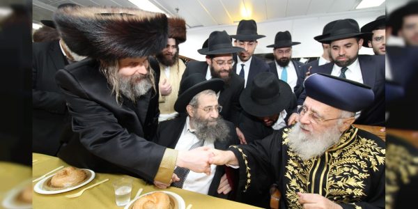 לחיצת יד בין הרה"ר לשעבר, לבן האדמו"ר מתולדות אברהם יצחק, מראשי העדה החרדית צילום: איתי קצב