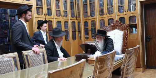 הרב שפיגל הערב אצל האדמו"ר מצאנז. צילום: א.פ.