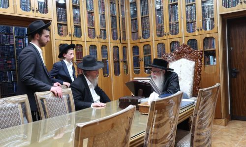 הרב שפיגל הערב אצל האדמו"ר מצאנז. צילום: א.פ.