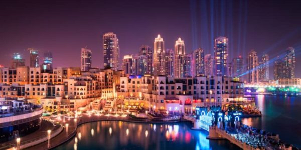 Beautiful famous downtown area in Dubai at night, Dubai, United Arab Emirates