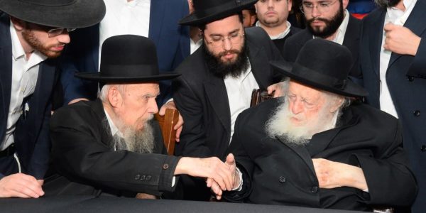 מרן שר התורה הגר"ח קנייבסקי שליט"א ומרן רה"י הגרי"ג אדלשטיין שליט"א צילום: שוקי לרר