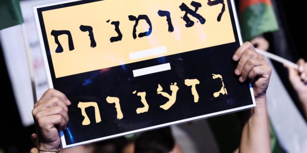 שלט בהפגנות נגד חוק הלאום// צילום: Tomer Neuberg/Flash90