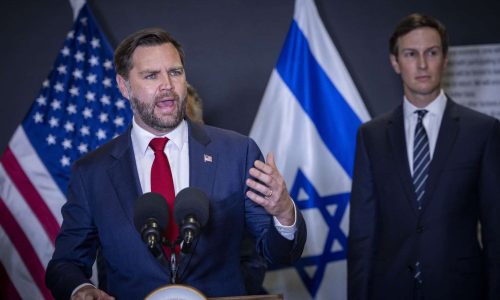 U.S. Vice President JD Vance delivers a statement to the media alongside U.S. Middle East Envoy Steve Witkoff and Jared Kushner, near Kiryat Gat, on October 21, 2025. Photo by Chaim Goldberg/Flash90

 *** Local Caption *** ישראל
מסיבת עיתונאים
ארצות הברית
ביקור
עזה
מלחמה
הפסקת אש
סגן נשיא ארה"ב
 ג'יי די ואנס
ג'ארד קושנר
סטיב ויטקוף