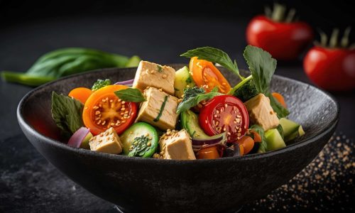 a bowl filled with vegetables and tofu on top of a table. . generative ai