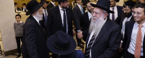 הגר"א שמן אב"ד רחובות והגר"ש צדוק רב השכונות הדרומיות בבני ברק, בן הדיין הגאון הרב אבישלום שמן צילום אברהם דהרי