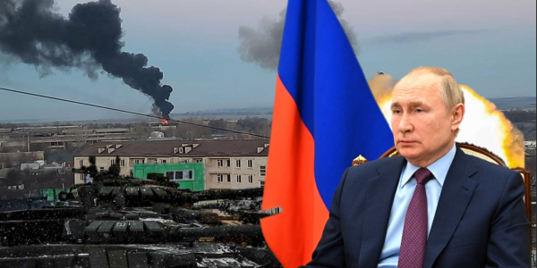 נשיא רוסיה פוטין ברקע ההפגזות הצבא בעיר חרקוב באוקראינה